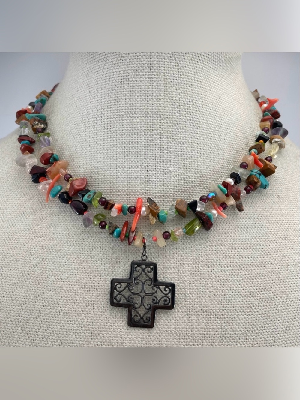 TD Designs Sterling Silver Multi Gemstone Chip Nugget Filigree Cross Necklace